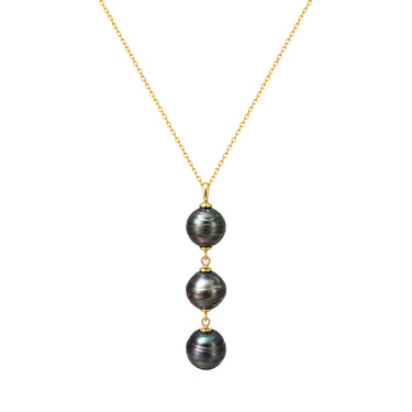 Black Tahitian Circled Pearl Triple Drop Pendant with yellow gold chain