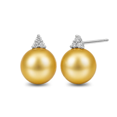 10-10.5mm Golden South Sea Pearl & Diamond Triangle Stud Earrings