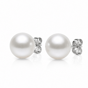 10-11mm white South Sea round pearl stud earrings with white gold backing.