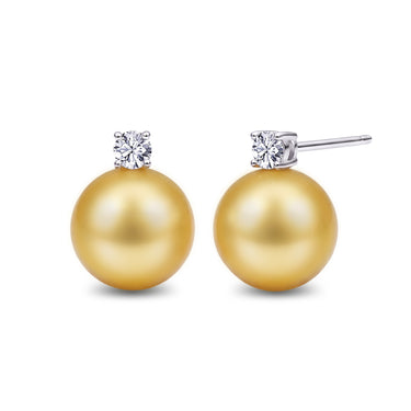 8-8.5mm Golden South Sea Pearl & Diamond Stud Earrings in 18K Gold