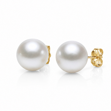 9-10mm white South Sea round pearl stud earrings with yellow gold backing.