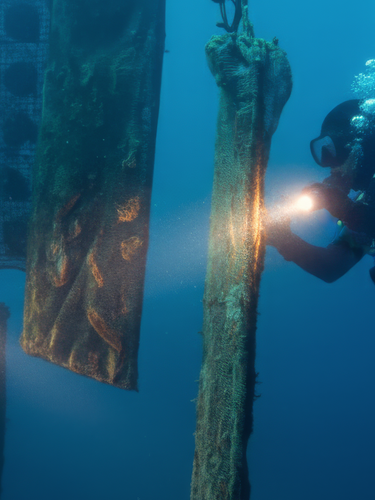 Two scuba divers underwater with lights illuminating pockets full of cultured pearl oysters.