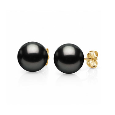Tahitian South Sea Round Pearl Stud Earrings with yellow gold posts