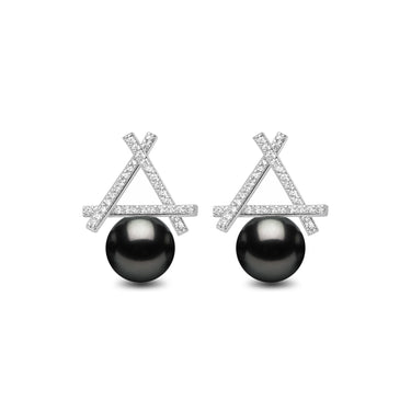 black Tahitian pearl drop earrings with geometric setting