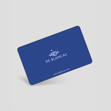 Blue gift card with 'DE BLANCAS' branding on a light gray background