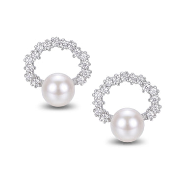 5.5-6mm White Freshwater Pearl Pavé Circle Stud Earrings