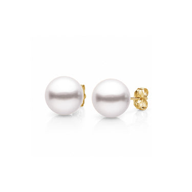 6.0-6.5mm White Akoya Pearl Stud Earrings with yellow gold backing