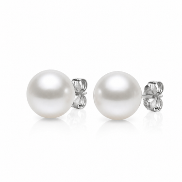 8-9mm white South Sea round pearl stud earrings with white gold backing. 
