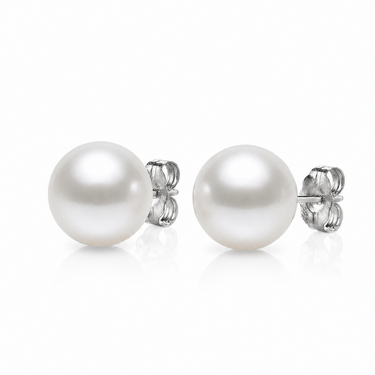 9-10mm white South Sea round pearl stud earrings with white gold backing. 