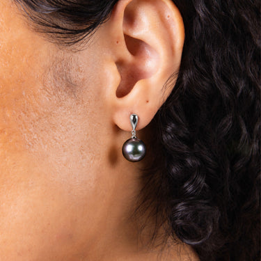 Close-up of Tahitian Pearl Drop Earrings in 18K White Gold