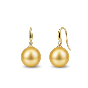 Golden South Sea Pearl & Diamond Helia Fish Hook Earrings in 18K Gold