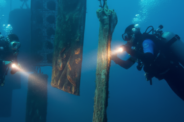 Two scuba divers underwater with lights illuminating pockets full of cultured pearl oysters.