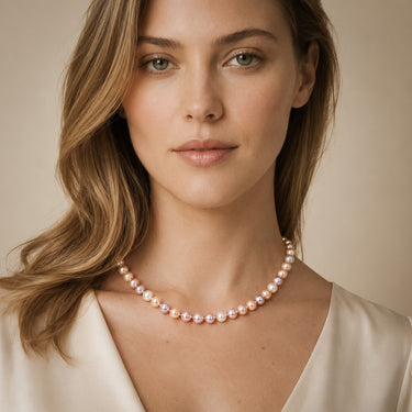 Model wearing multicolor freshwater pearl necklace