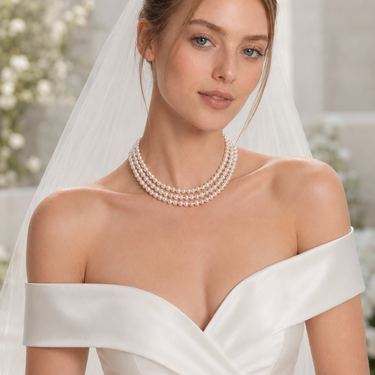 Model wearing triple strand white Akoya pearl necklace