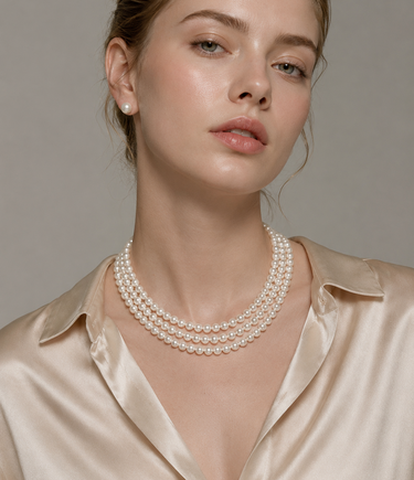 Model wearing triple strand white freshwater pearl necklace