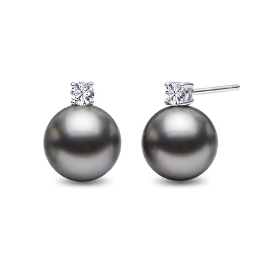 Titanium Gray Tahitian Pearl & Diamond Stud Earrings in 18K Gold