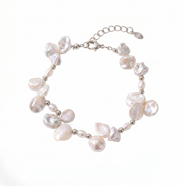 White Petal Baroque Freshwater Pearl Bracelet with Silver Beads