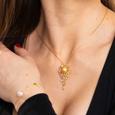 Golden South Sea Pearl | Diamond Filigree Pendant - DE BLANCAS