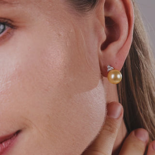 Golden South Sea Pearl & Diamond Triangle Stud Earrings