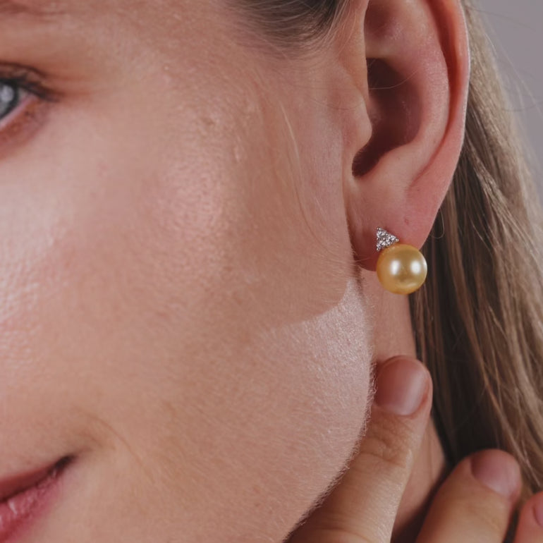Golden South Sea Pearl & Diamond Triangle Stud Earrings