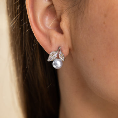 silver Japanese Akoya pearl earrings with frosted leaf setting